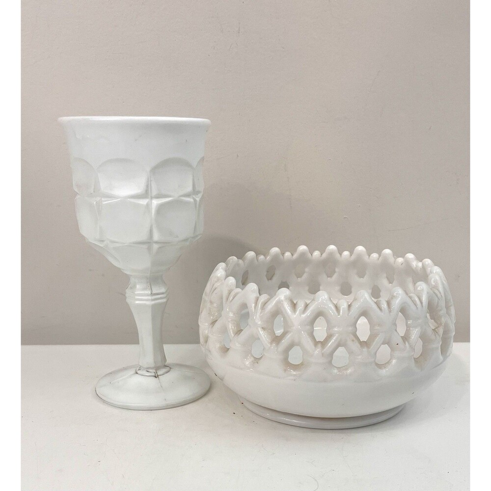 Vintage Westmoreland Milk Glass Rose Bowl And Constellation Wine Goblet